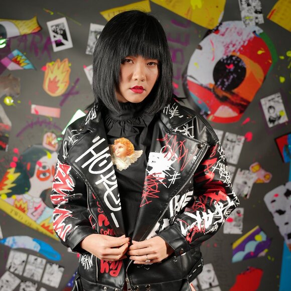 Graffiti Print Faux Leather Jacket – Punk Style Black Moto, Size M, Unique - Picture 1 of 11